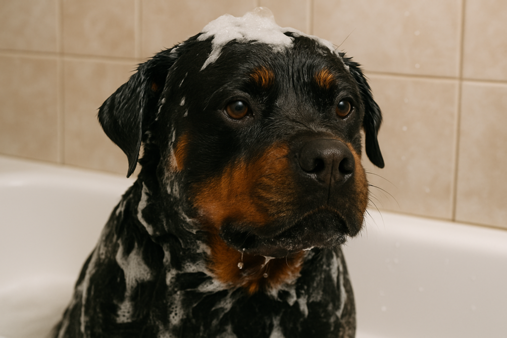 Rottweiler taking a bath during grooming routine – coat care for working dog breeds