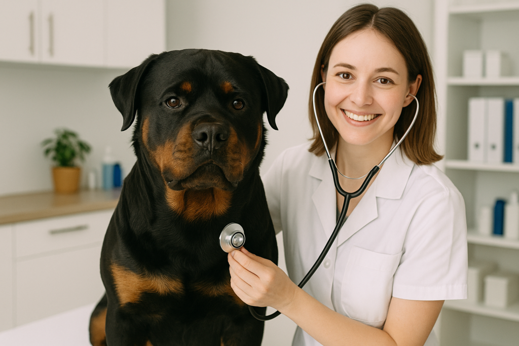 Rottweiler at the veterinarian during a health check-up – common breed medical care