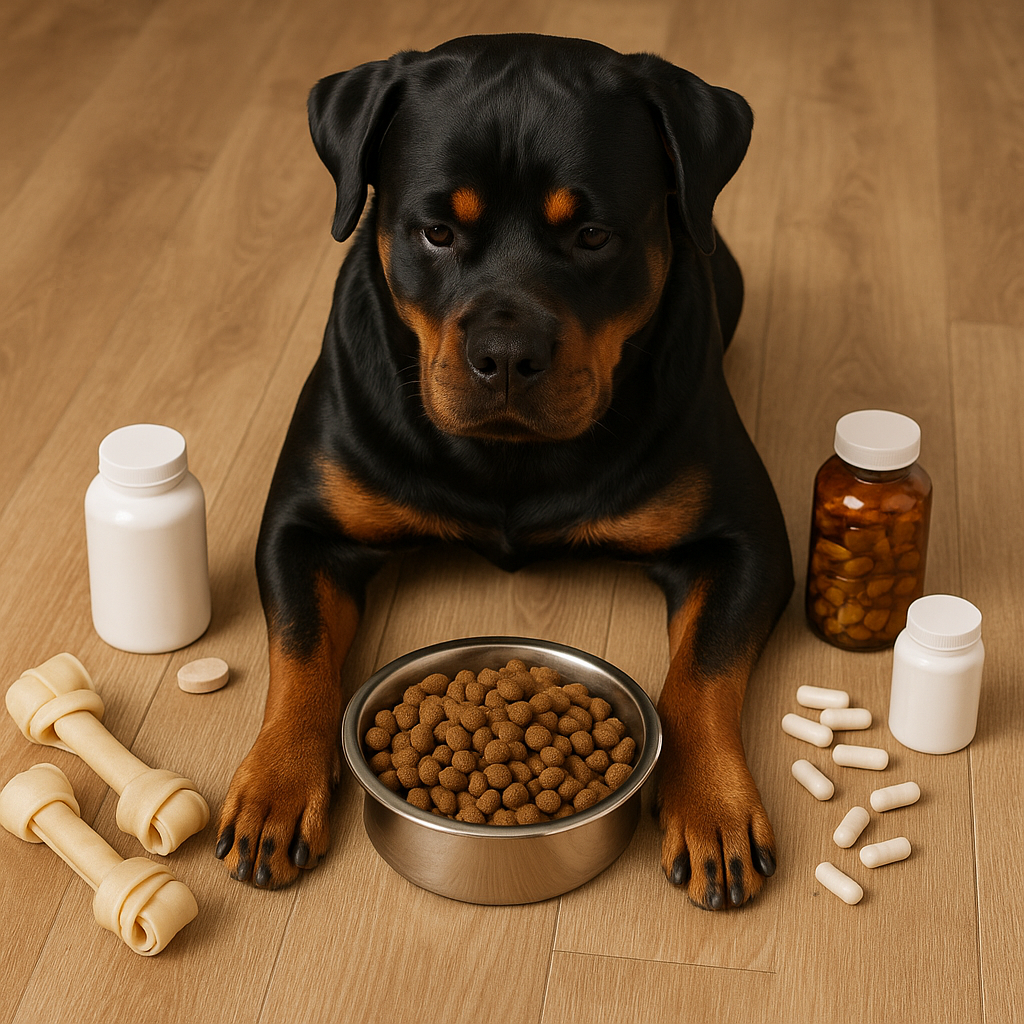 Rottweiler eating healthy dog food with supplements, vitamins, and chew bones